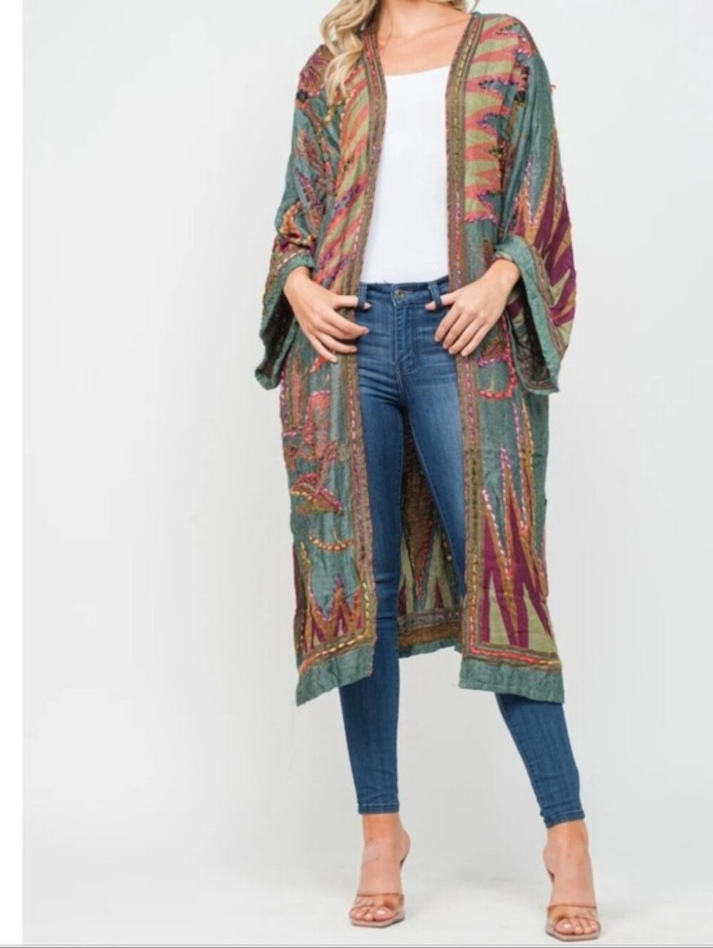 RAJ Meghan Boho Hunter Green Thick Stitch Embroidered Open Front Long Duster